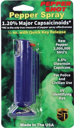Blue hard-case pepper spray canister with belt clip and quick-release keychain