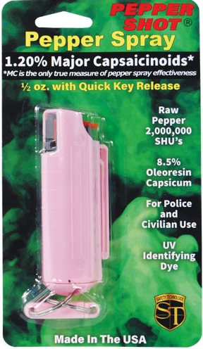 Pink hard-case pepper spray canister with belt clip and quick-release keychain