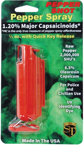 Red hard-case pepper spray canister with belt clip and quick-release keychain