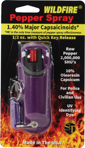 Purple pepper spray with quick key release, packaged