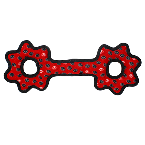 Red bone-shaped dog tug toy with two rope holes and black trim, patterned fabric