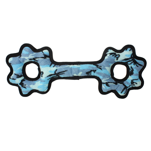Blue bone-shaped dog tug toy with two rope holes and black trim, camouflage pattern