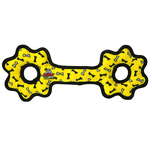 Yellow bone-shaped dog tug toy with two rope holes and black trim, bone-like pattern