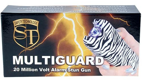 Multiguard alarm stun gun box with zebra graphic and 20 million volt text