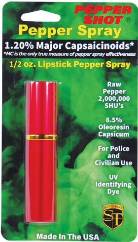 Red lipstick-style pepper spray container, 1/2 oz, retail blister package
