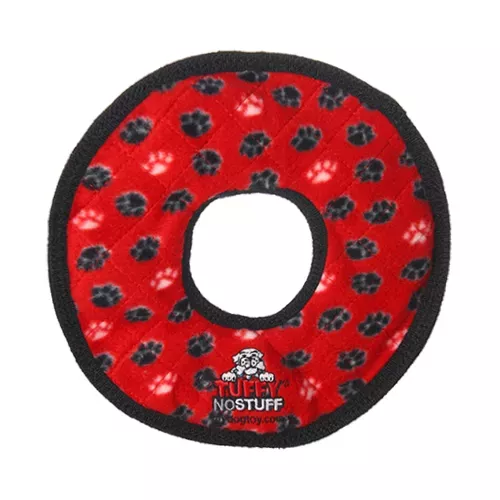 Ultimate ring dog toy in red with black paw-print pattern and Tuffy No Stuff logo