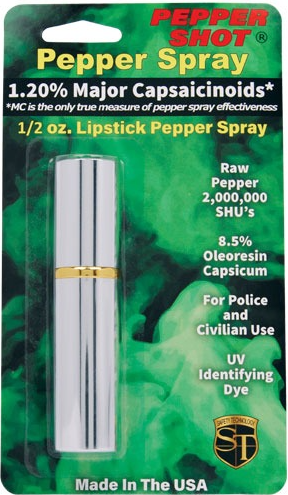 Silver lipstick-style pepper spray container, 1/2 oz, retail blister package