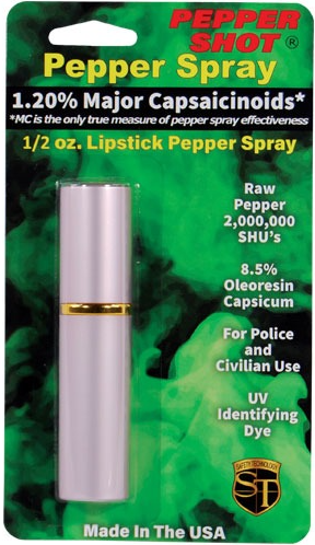 Silver lipstick-style pepper spray container, 1/2 oz, retail blister package
