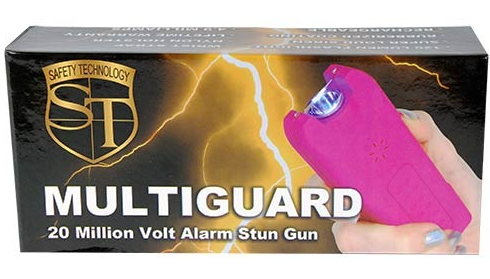 Multiguard stun gun alarm and flashlight box with pink device shown in hand