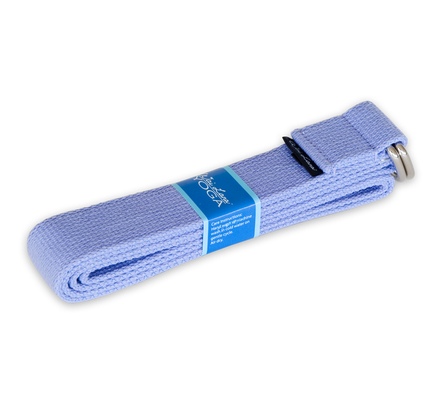 Blue woven yoga strap with adjustable metal buckle and loop, folded.