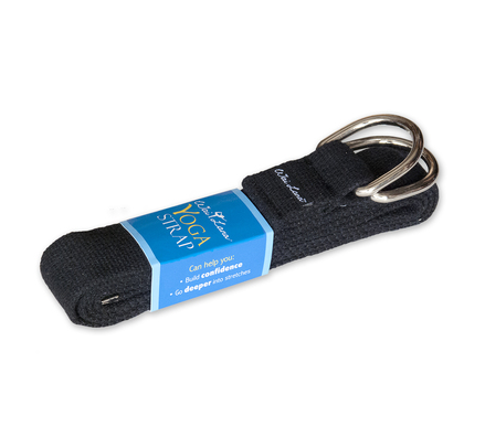 Black yoga strap with metal D-ring and blue label sleeve.