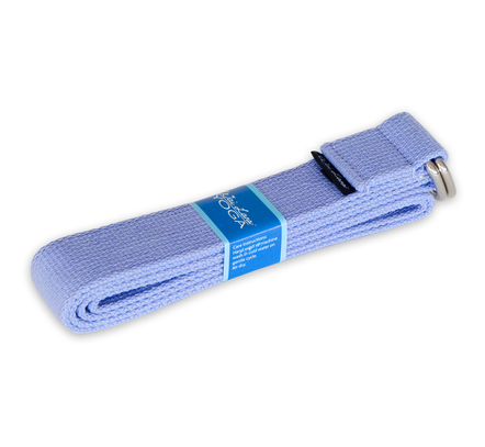 Blue yoga strap with buckle, D-ring, and metal clasp