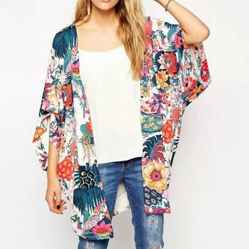 Floral kimono top with open front and wide kimono sleeves, multicolor