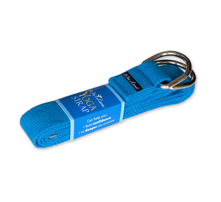 Blue woven yoga strap with metal D-ring and stitched loop at end