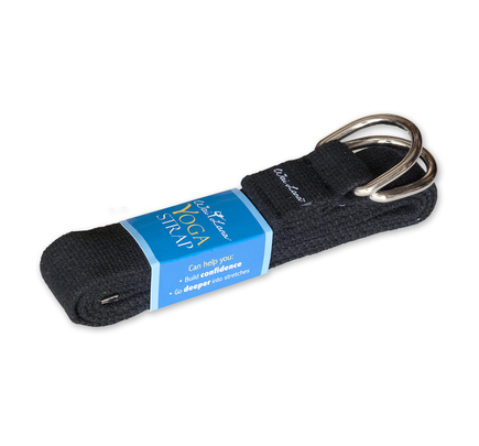 Black woven yoga strap with metal D-ring and hook-and-loop closure