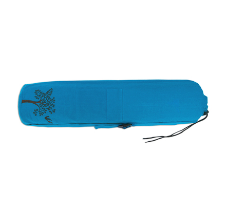 Teal organic cotton yoga tote with tree print and drawstring ties