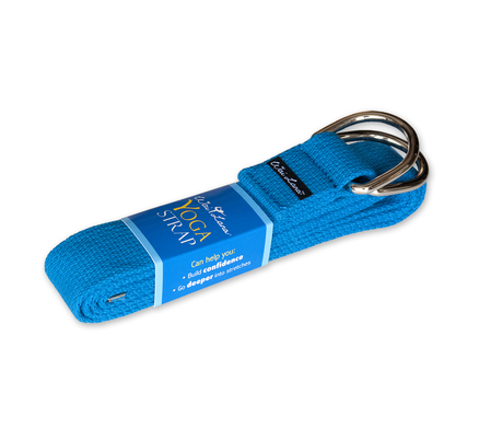 Blue yoga strap with stitched loops and metal D-ring, rolled with instruction tag