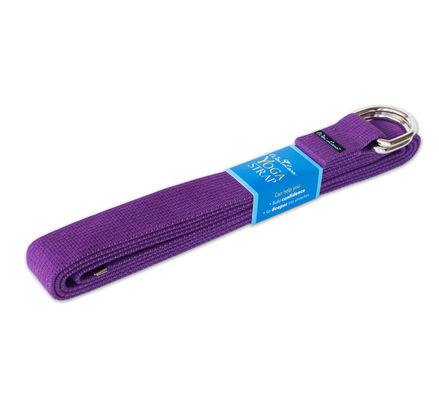 Purple yoga strap with metal D-ring and woven loop, folded end with adjustment buckle