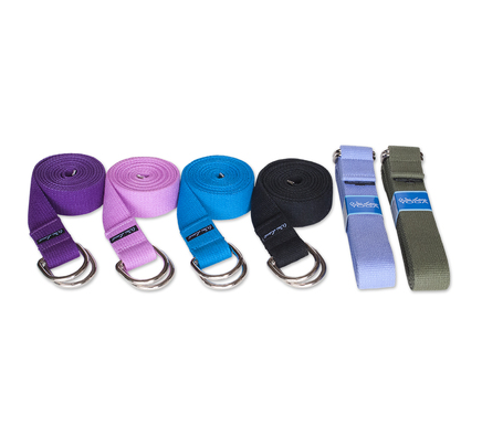 Yoga strap set: rolled purple, pink, blue, black plus light-blue and green straps with metal buckles