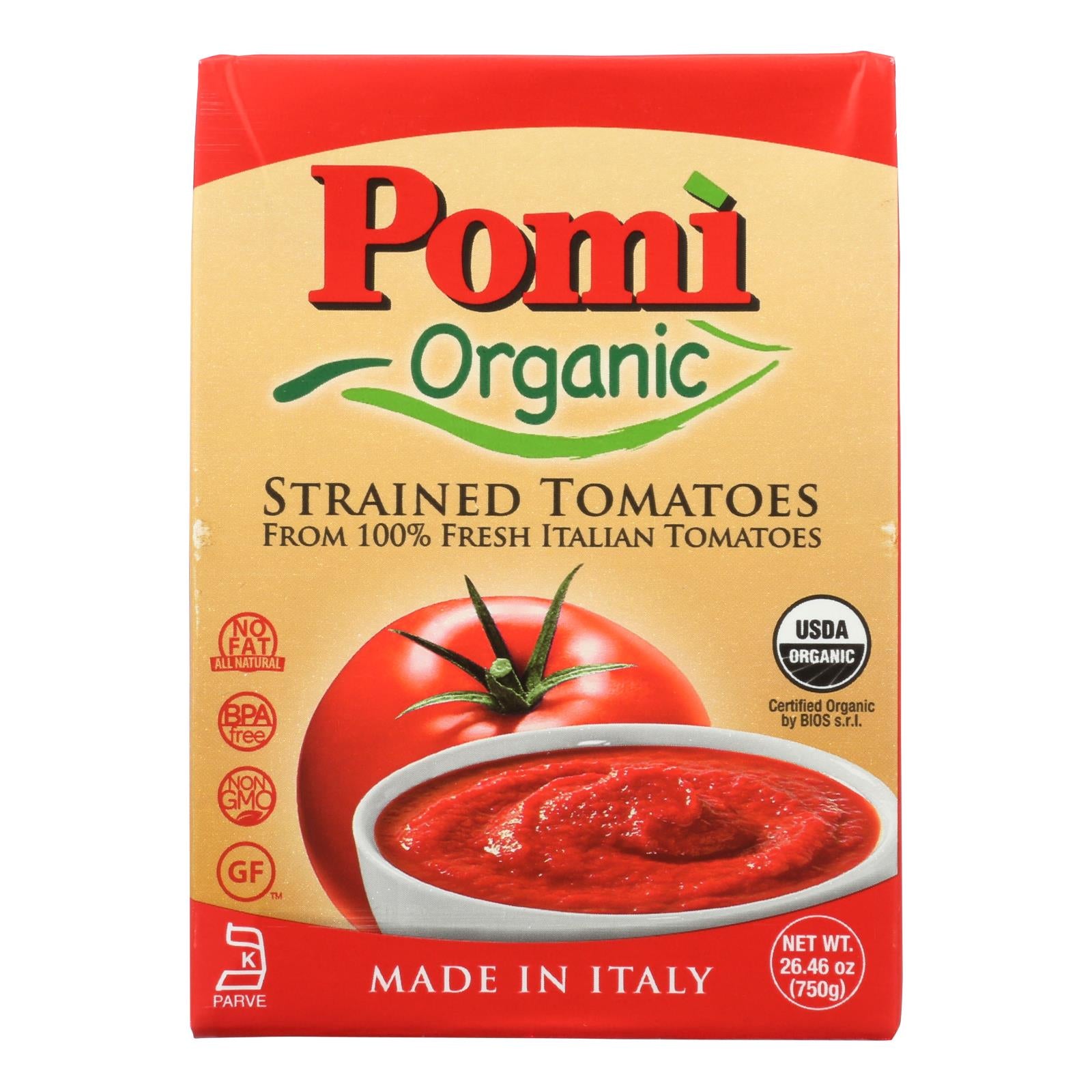 Pomi Organic Strained Tomatoes  - Case Of 12 - 26.46 Oz - GreatEagleInc