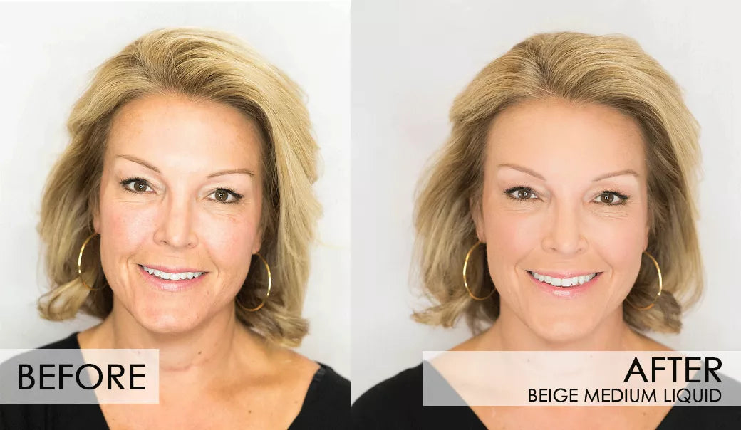 Fixed Liquid Foundation before-and-after on blonde woman’s face, smoother and more even complexion