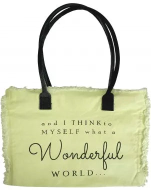 Light yellow-green tote with black handles, 'Wonderful World' text print and quote