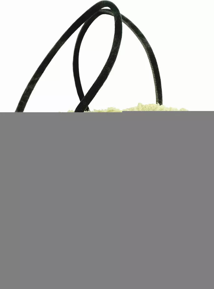Black tote handles above gray placeholder, frayed light trim visible at top edge