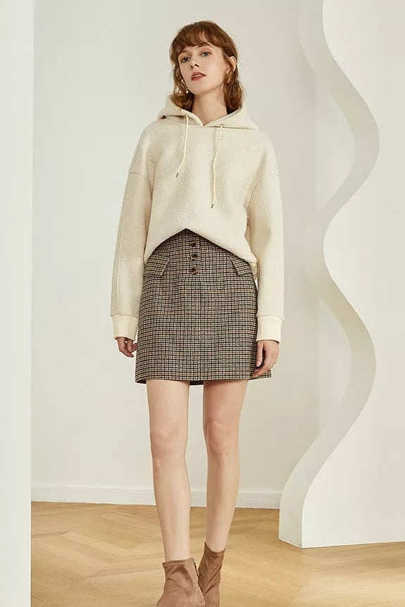 Gingham mini skirt in dark brown and beige with front button placket and pockets