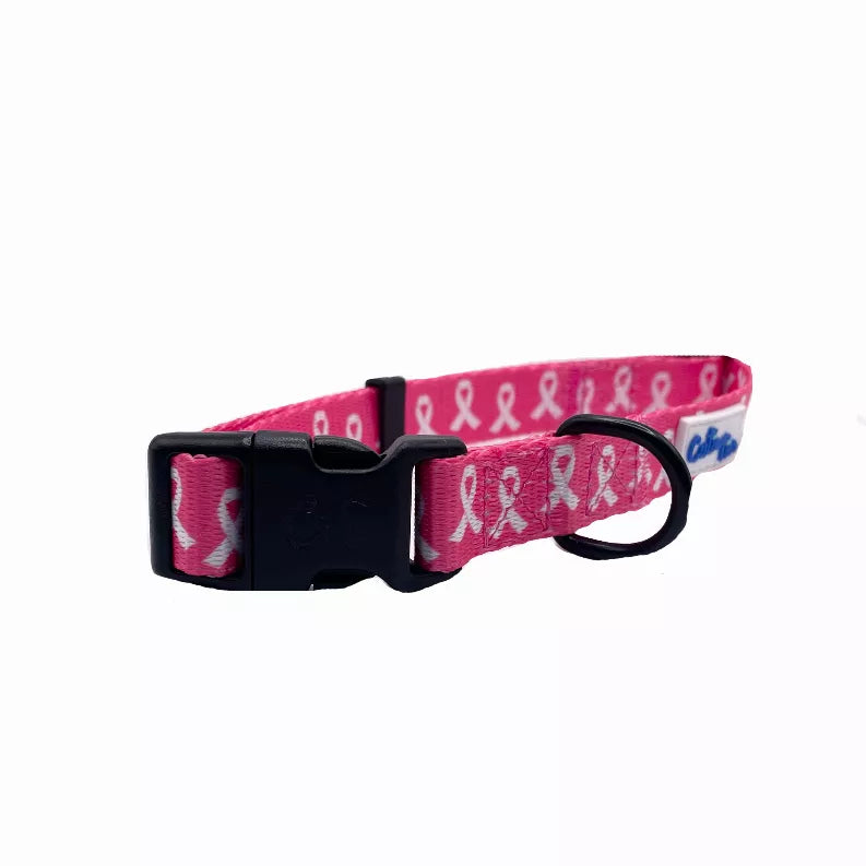 Pink dog collar with ribbon print, black buckle and rounded leash loop hardware