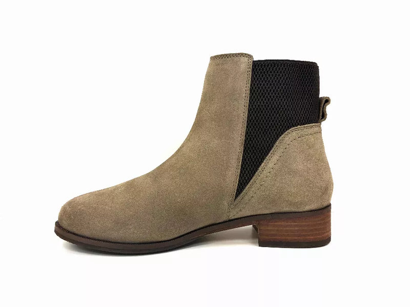 Tan suede Chelsea bootie, front-side view with black gore panel and brown heel