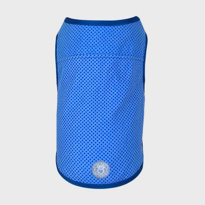 Blue mesh pet ice vest with elastic hem and round logo patch