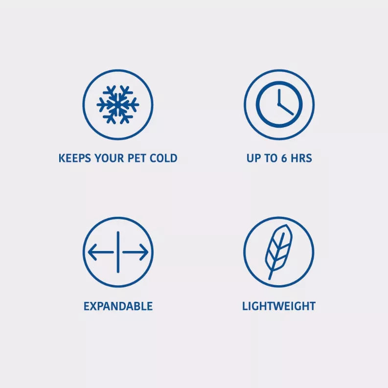 Blue cooling-vest feature icons: cold, up to hours, expandable, lightweight