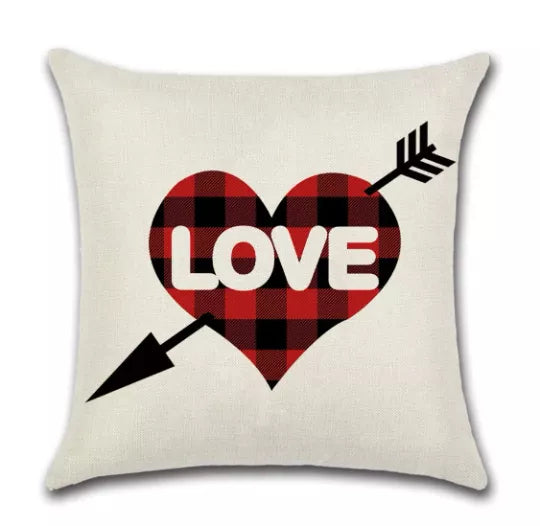 Beige Valentine pillow cover with red/black plaid heart, LOVE text, and arrow