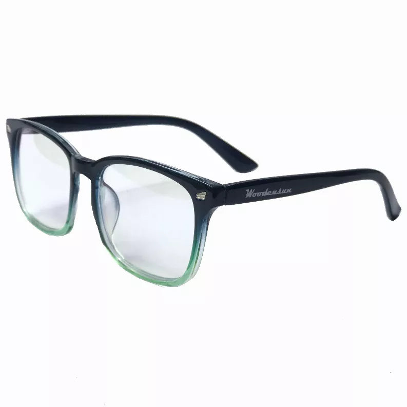 Trocadero rectangular blue light glasses side profile, dark navy frame, clear lenses