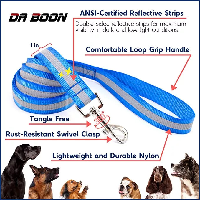 Blue double-sided reflective dog leash product diagram with rust-resistant swivel clasp
