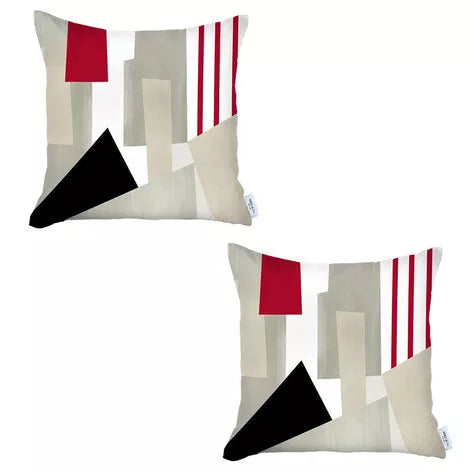 Pair of geometric jacquard throw pillow covers with red stripes, black triangle, and gray blocks