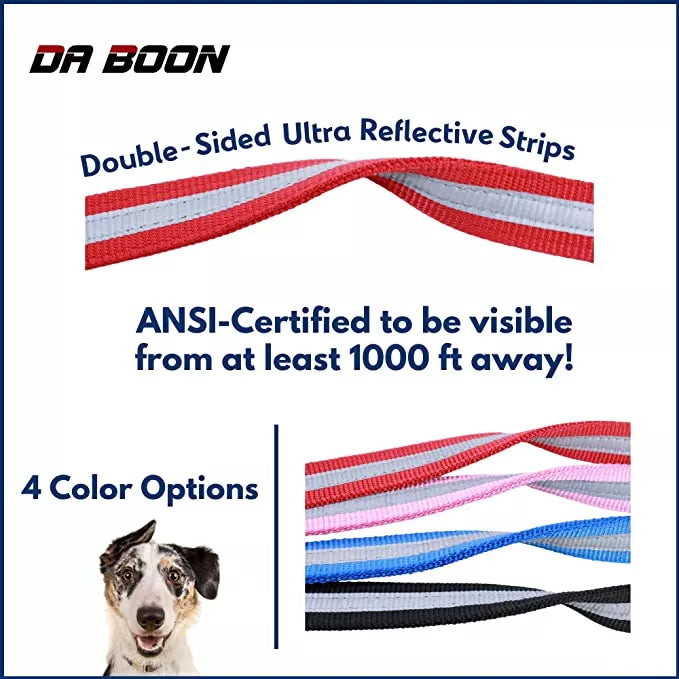 Red dog leash with double-sided reflective gray stripes and metal clip