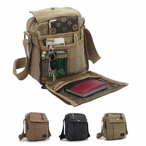 Canvas crossbody bag with open top organizer panel and small zip pockets, tan