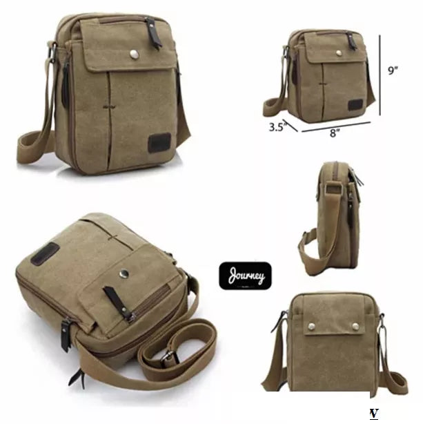 Tan canvas crossbody bag with front flap, snap button, and side pocket detail
