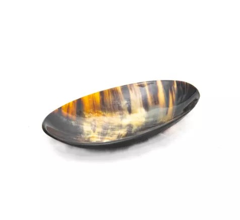 Horn-pattern oval serving dish with amber and gray streaks