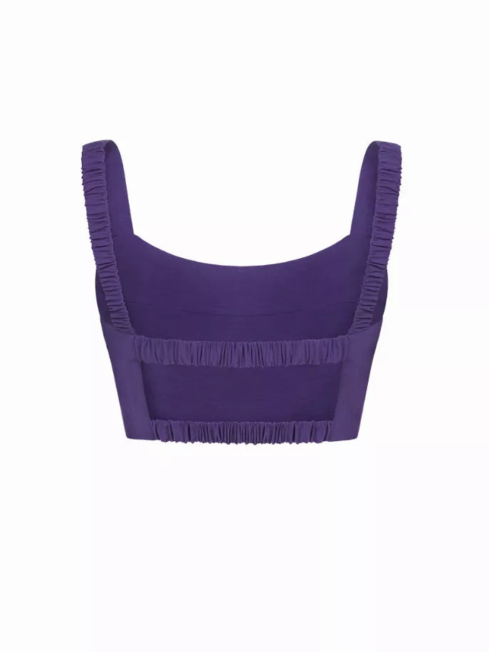 Purple square-neck crop top with frilled, ruched trim and thin straps