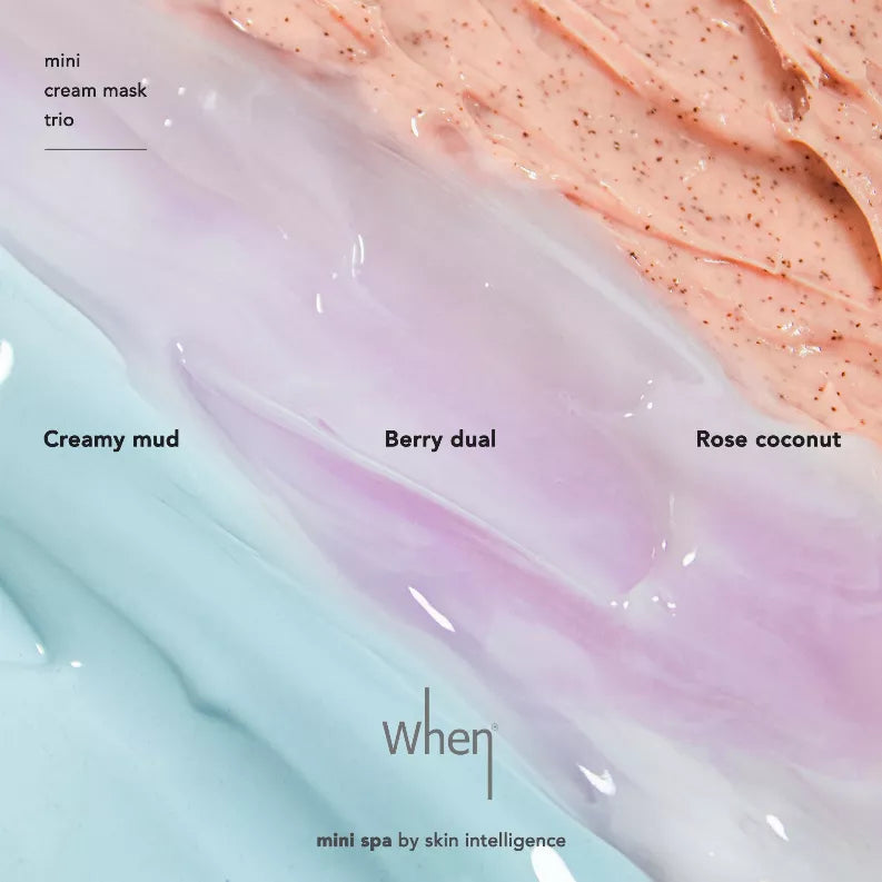 Three mini cream mask swatches: creamy mud, berry dual, and rose coconut