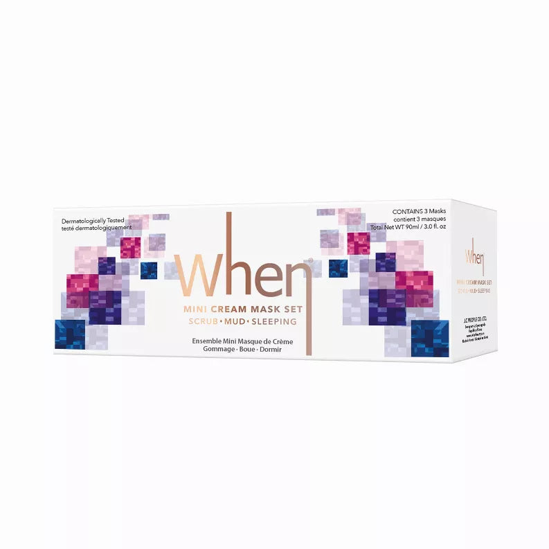 When mini cream mask set box back panel with pink-blue mosaic and label text