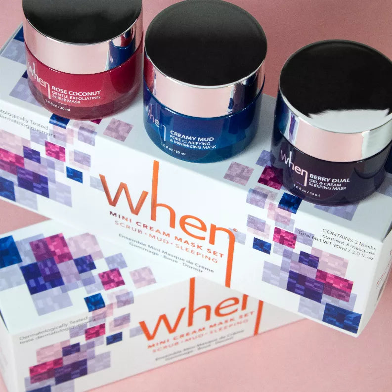 Cream mask trio set box with three jars: rose coconut, creamy mud, and berry dual