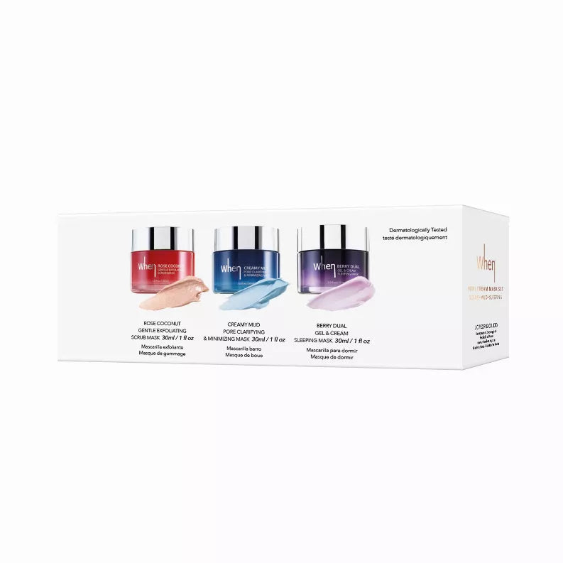 Cream mask trio set carton showing three jar shades: red, blue, and purple