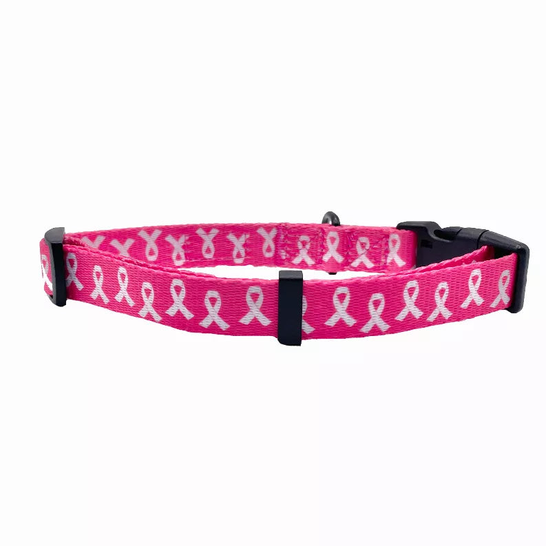 Pink dog collar with white ribbon awareness motif, black buckle and strap tab