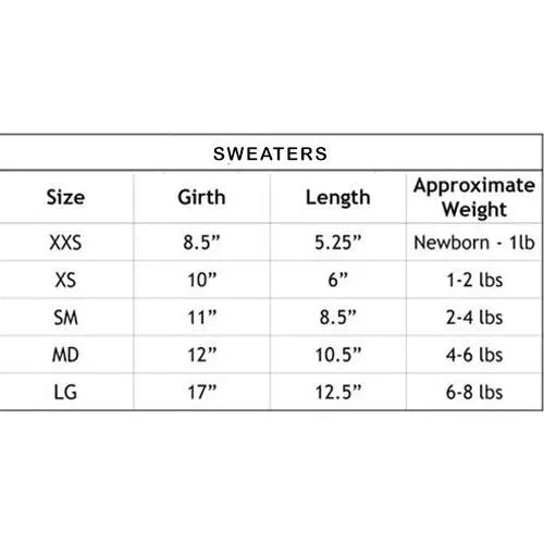 Sweaters size chart showing girth, length, and approximate weight by size