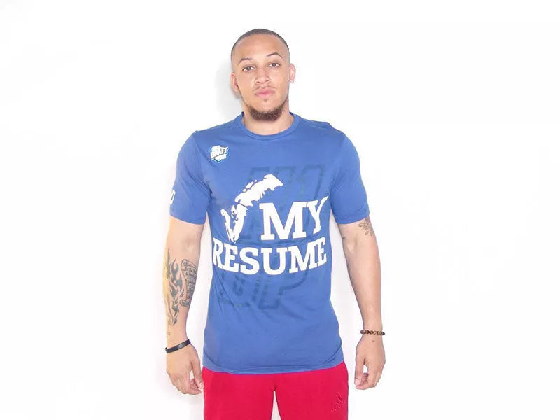 Blue crewneck T-shirt with large white 'MY RESUME' graphic on front