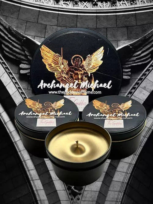 Archangel Michael candle set, black metal tins with gold angel crest; gold-wax candle