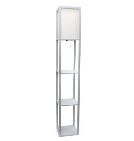 Column shelf floor lamp with rectangular linen shade and three open shelves